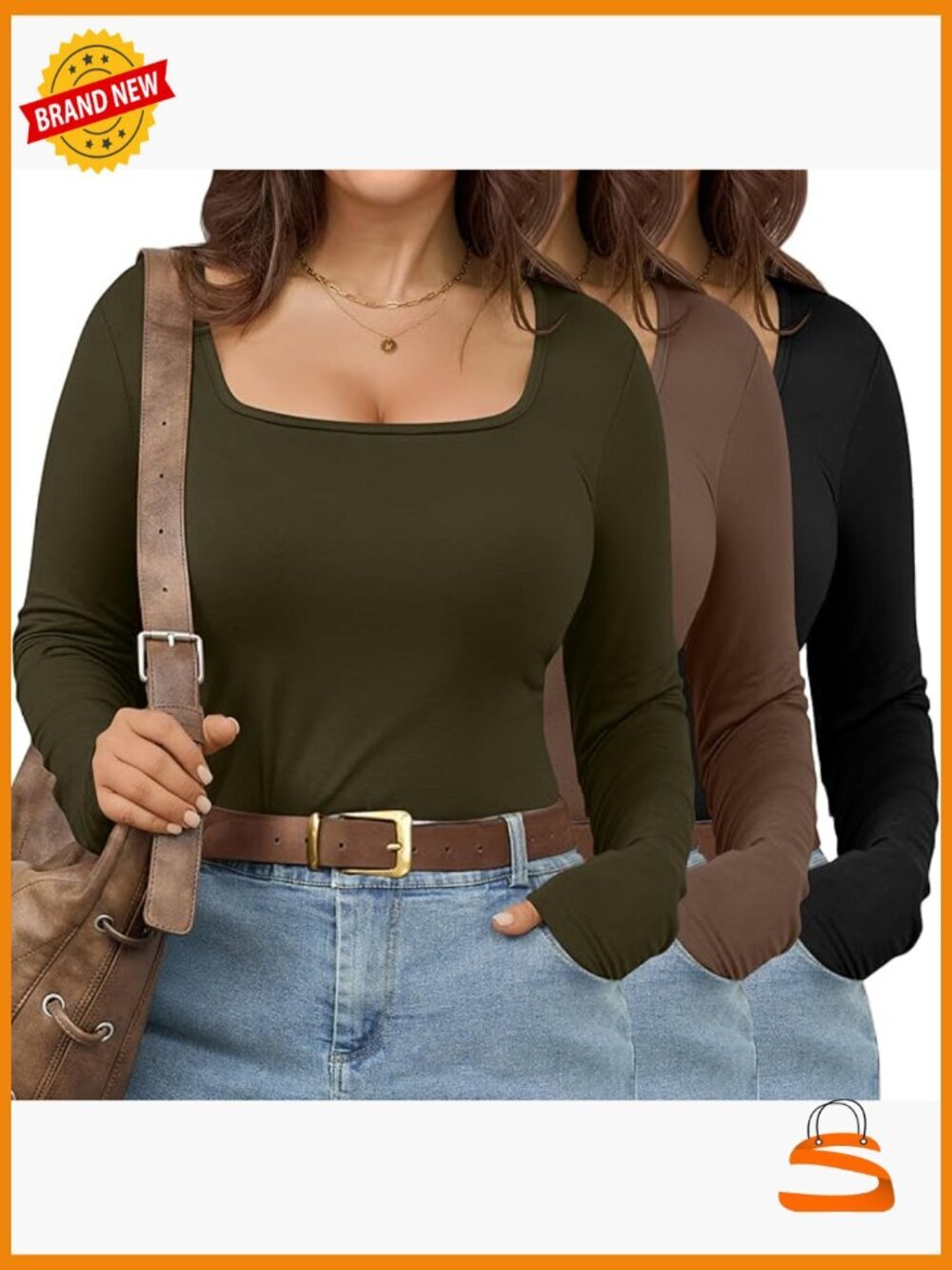 3 Pack Plus Size Long Sleeve Square Neck Tops Slim Fit Stretchy Tees Fall Basics